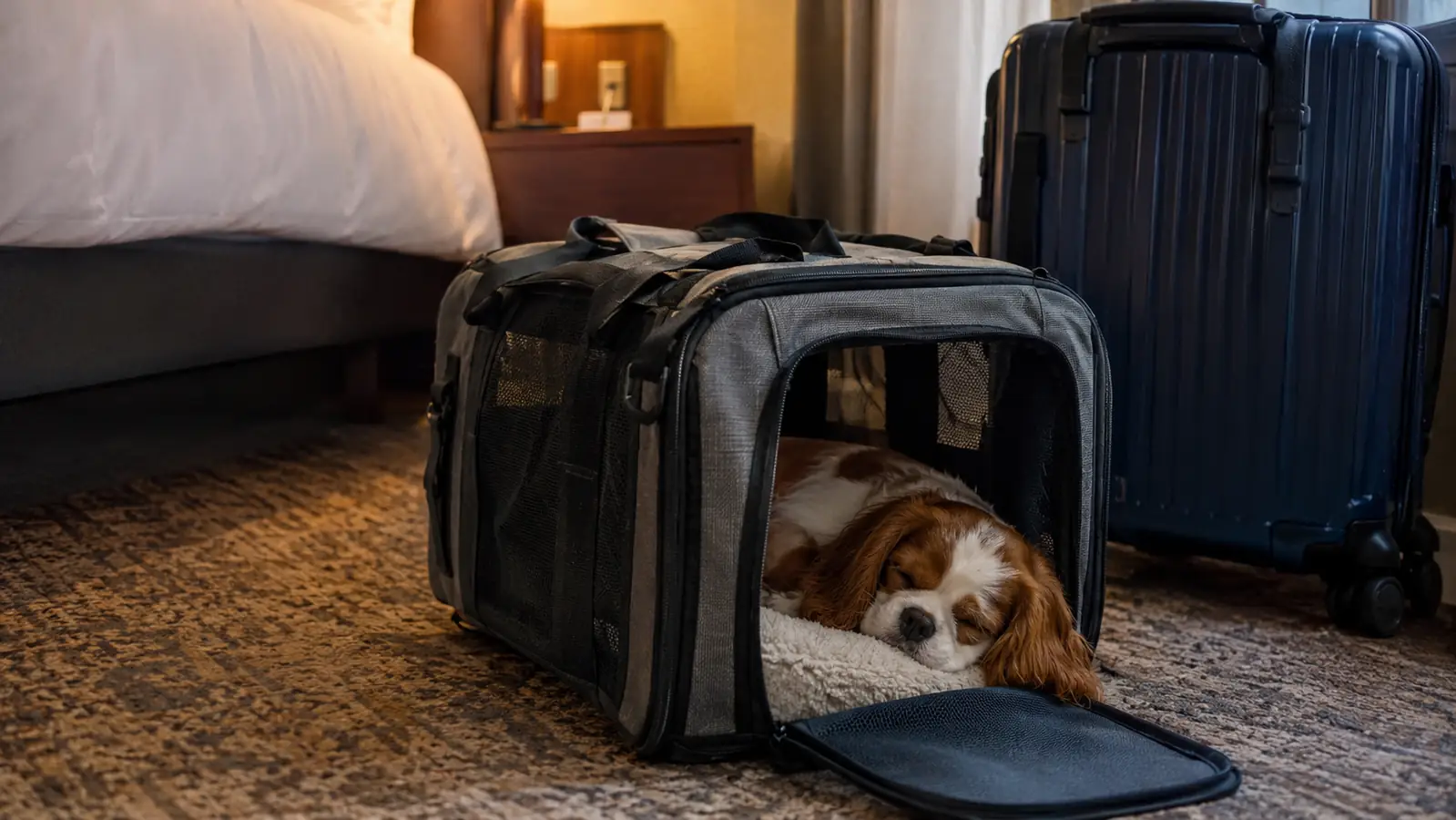 A small dog asleep inside a soft-sided carrier on the floor of a motel room, luggage nearby