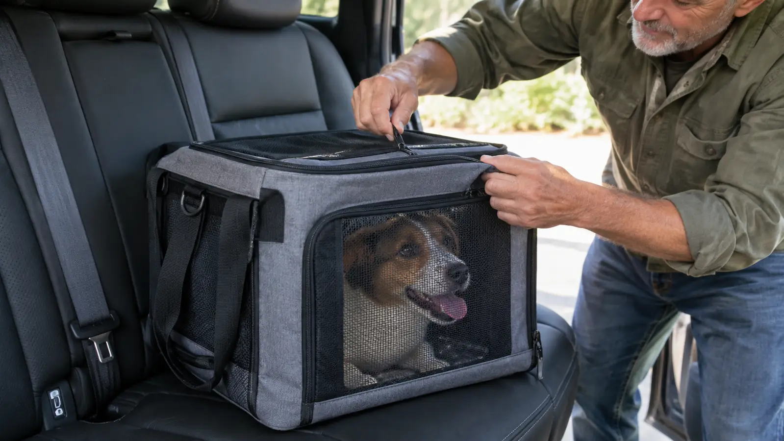 A woman closes the top of a soft-sided pet carrier on a car seat while a small dog looks out.