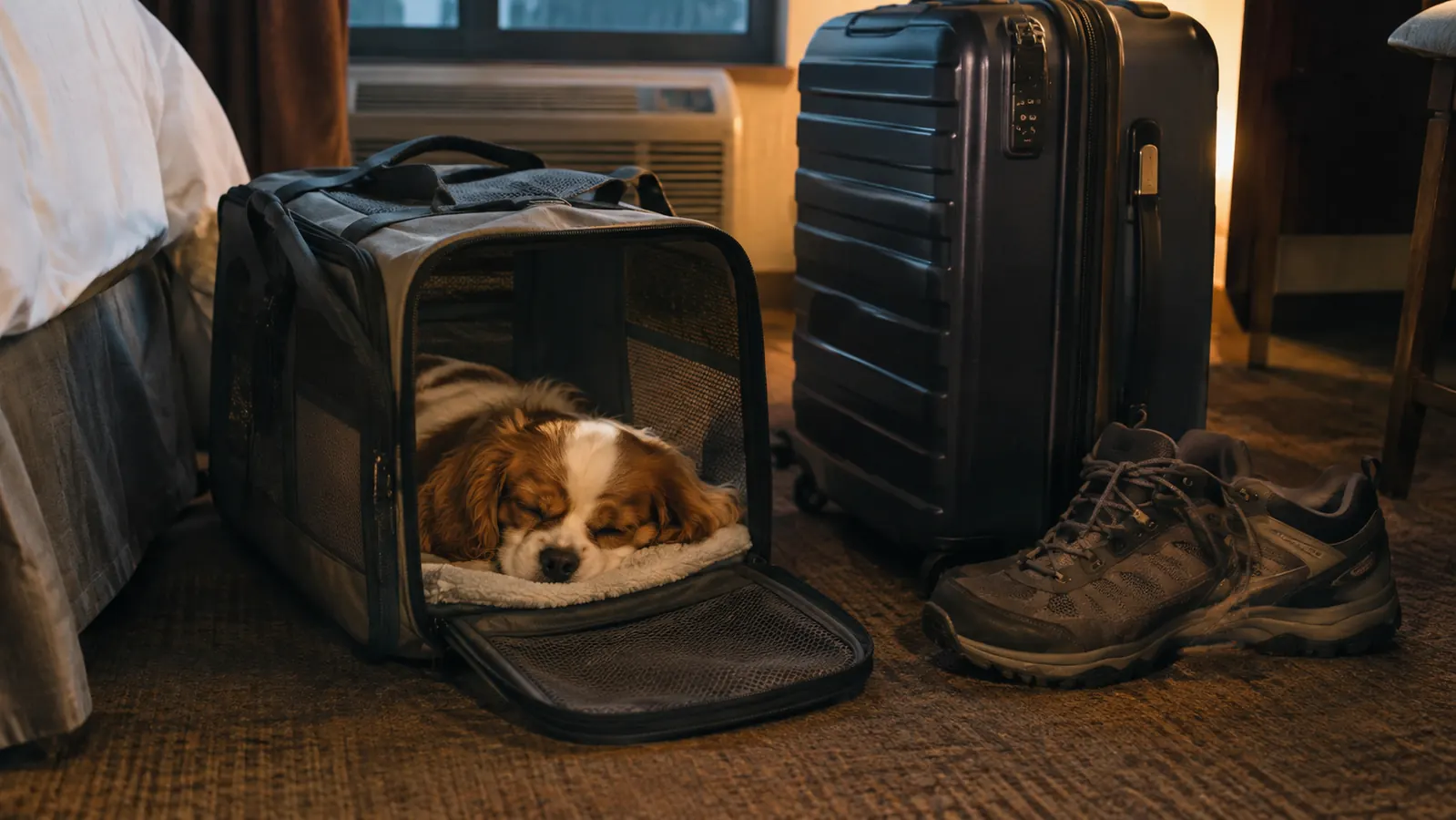 A small dog sleeps inside an open soft-sided carrier on a motel room floor.