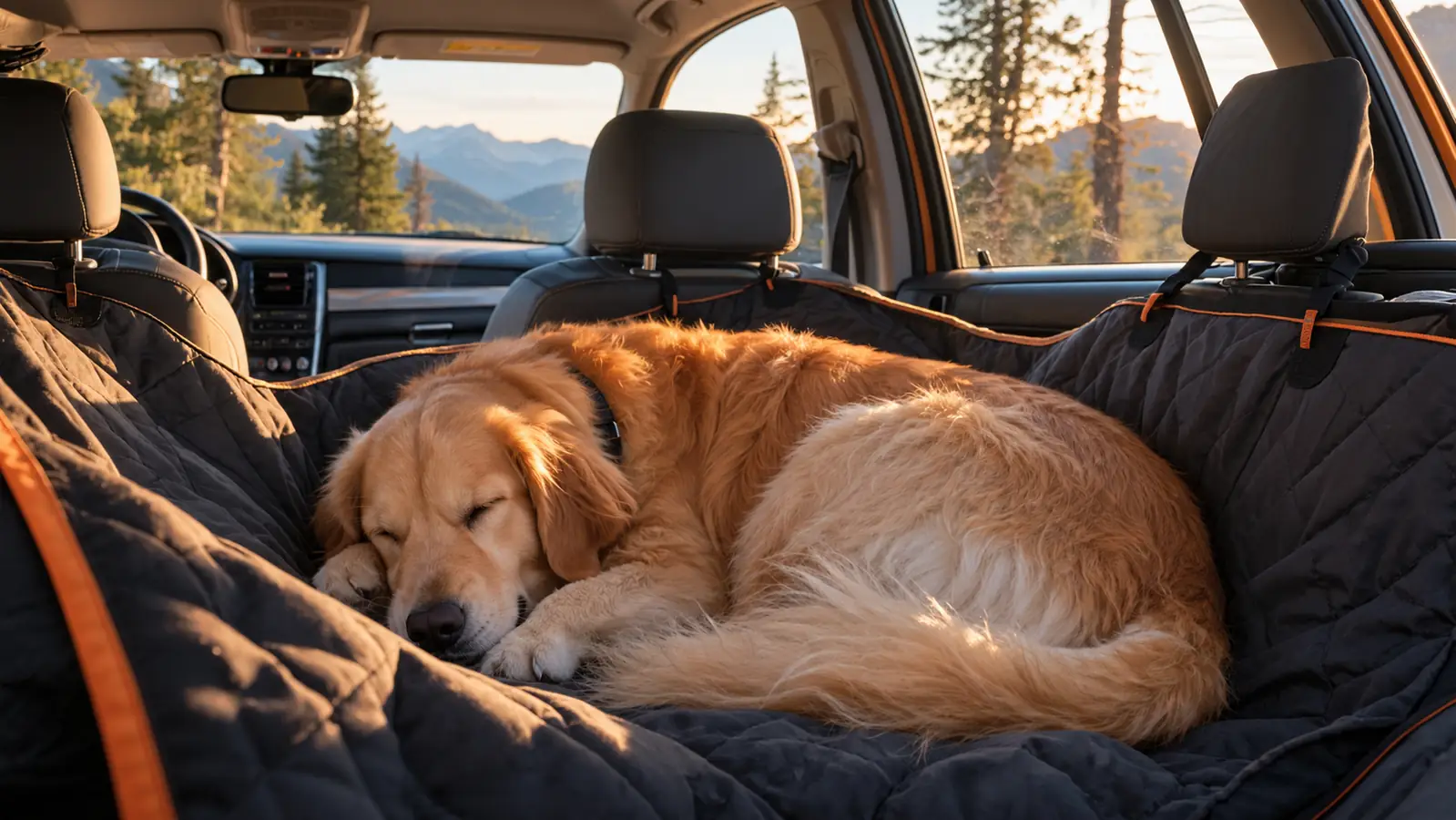 A large dog curled up asleep on a hammock-style seat cover in the back seat of a station wagon parked at a scenic overlook, mountains visible through the windshield