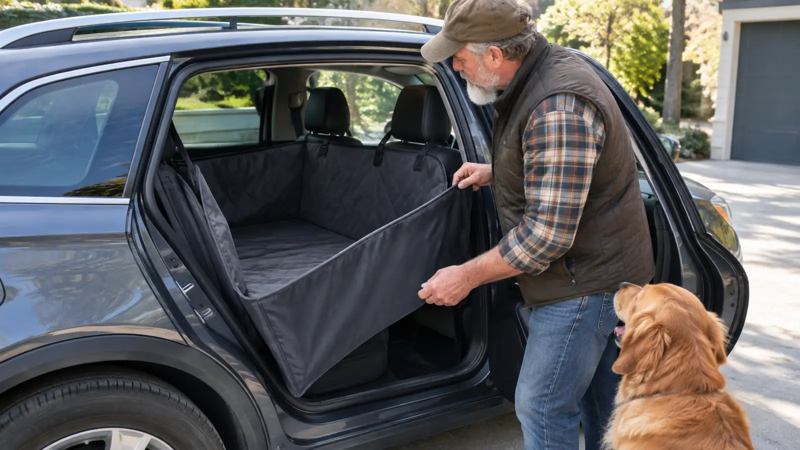 A person lifting the edges of a waterproof dog seat cover in the back seat of a wagon