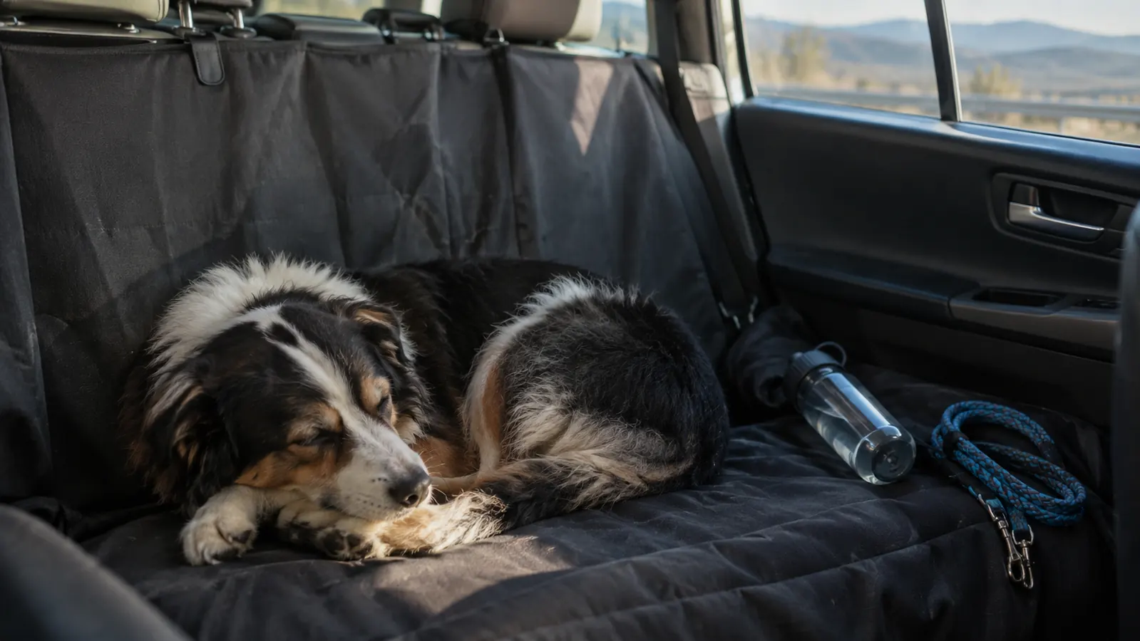 A dog curled asleep on a seat cover in the back seat of a wagon on a long road trip