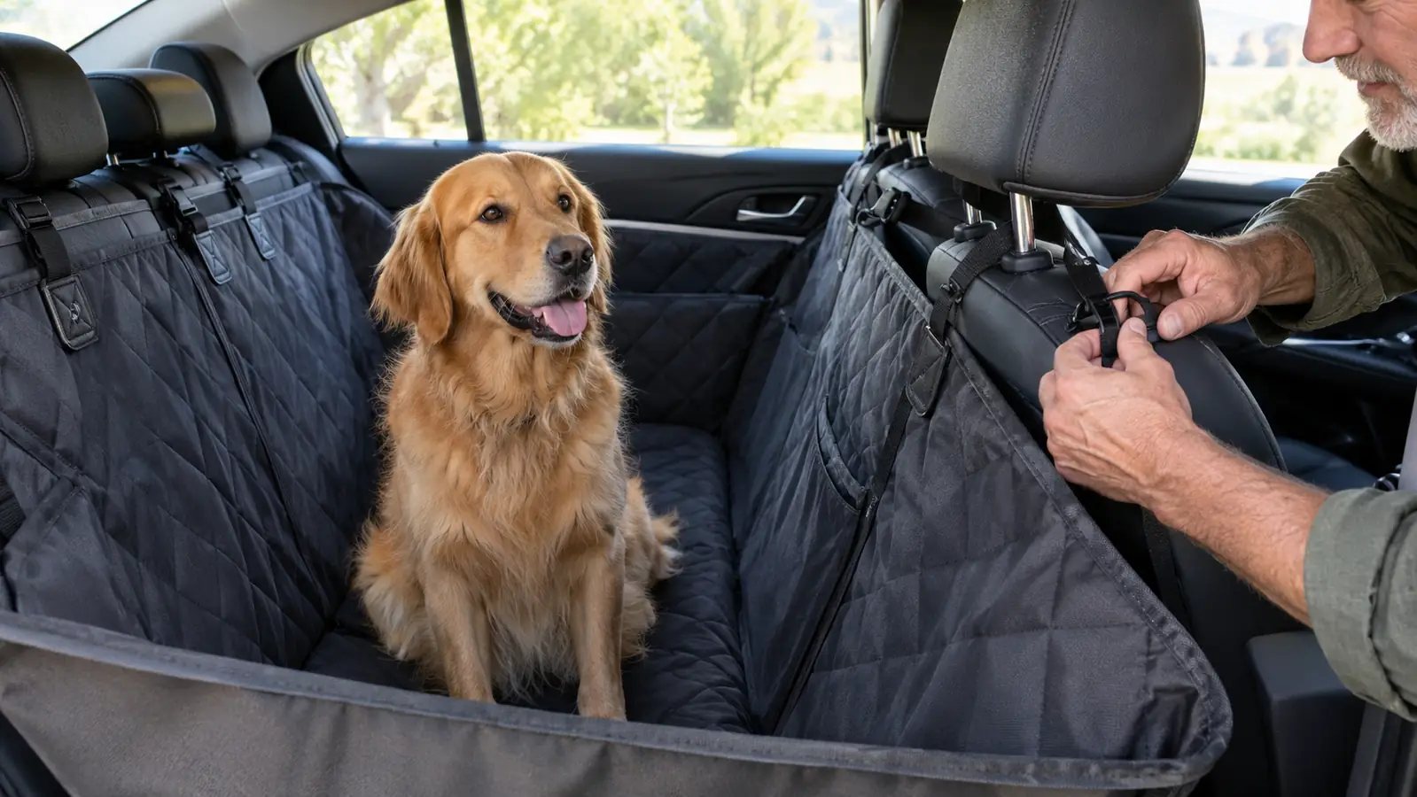 A hand clipping a strap around a headrest post on a hammock-style car seat cover while a dog watches from the back seat