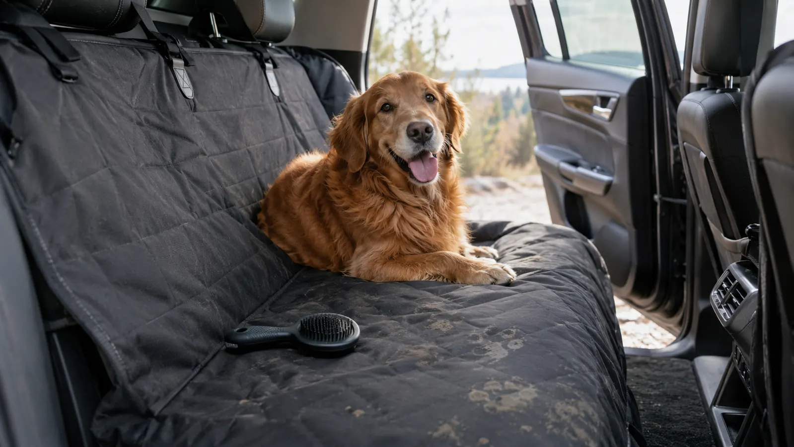 A hammock-style car seat cover in a car back seat with a few muddy paw prints on the fabric and a rubber grooming brush resting on the seat